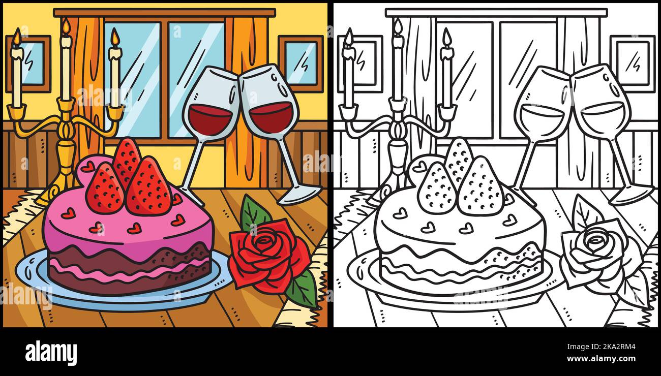 Illustration de la page de coloriage du gâteau, des bougies et du vin Illustration de Vecteur