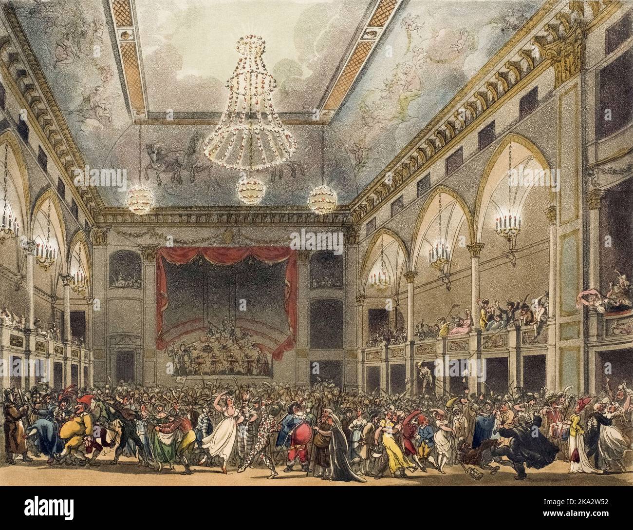 Panthéon Masquerade. Vers 1808. Après un travail d'August Pugin et Thomas Rowlandson dans le microcosme de Londres, publié en trois volumes entre 1808 et 1810 par Rudolph Ackermann. Pugin était l'artiste responsable des éléments architecturaux des images microcosmes; Thomas Rowlandson a été embauché pour ajouter les figures humaines animées. Banque D'Images