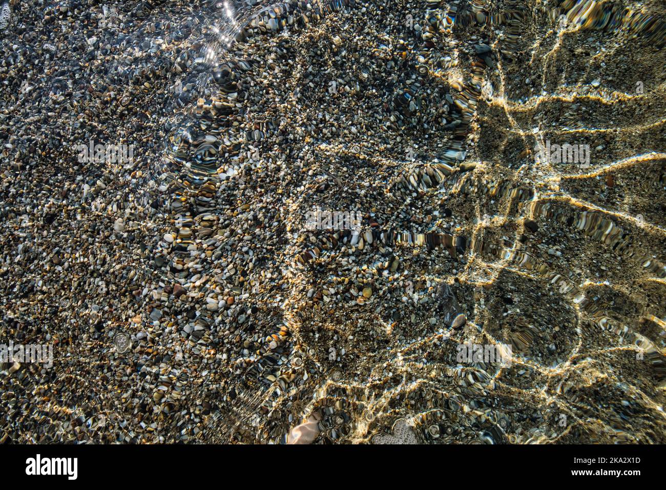 Arrière-plan abstrait, vue de l'estran déformée par le flux d'eau Banque D'Images