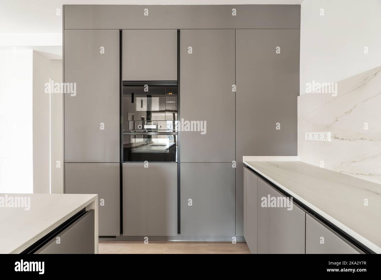 Mur d'une cuisine recouvert d'un mobilier gris lisse de créateur et d'une colonne d'appareils électroménagers Banque D'Images
