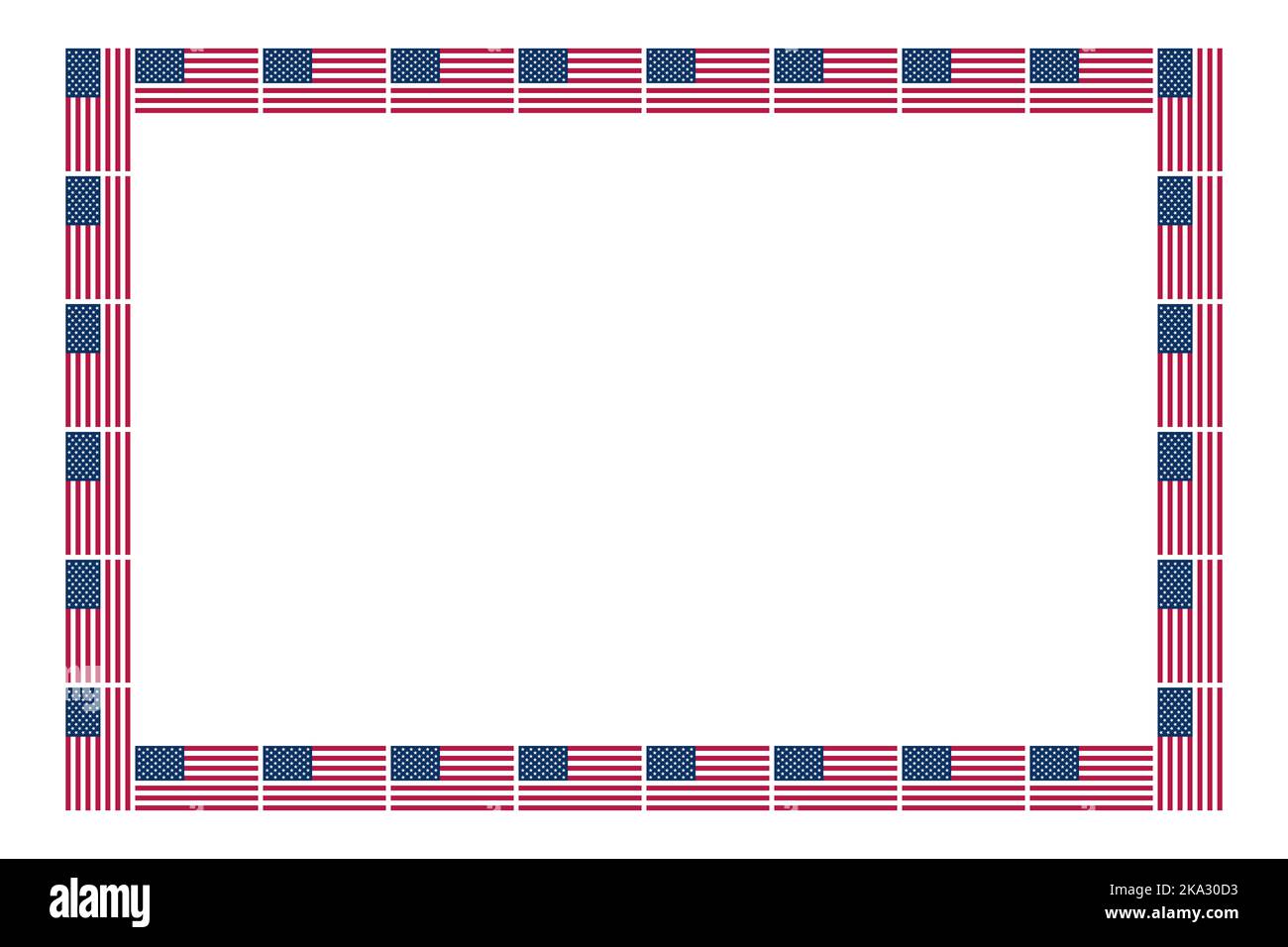 Cadre rectangulaire avec motif drapeau américain. Bordure rectangulaire décorative composée de drapeaux nationaux disposés verticalement et horizontalement et répétés des États-Unis. Banque D'Images