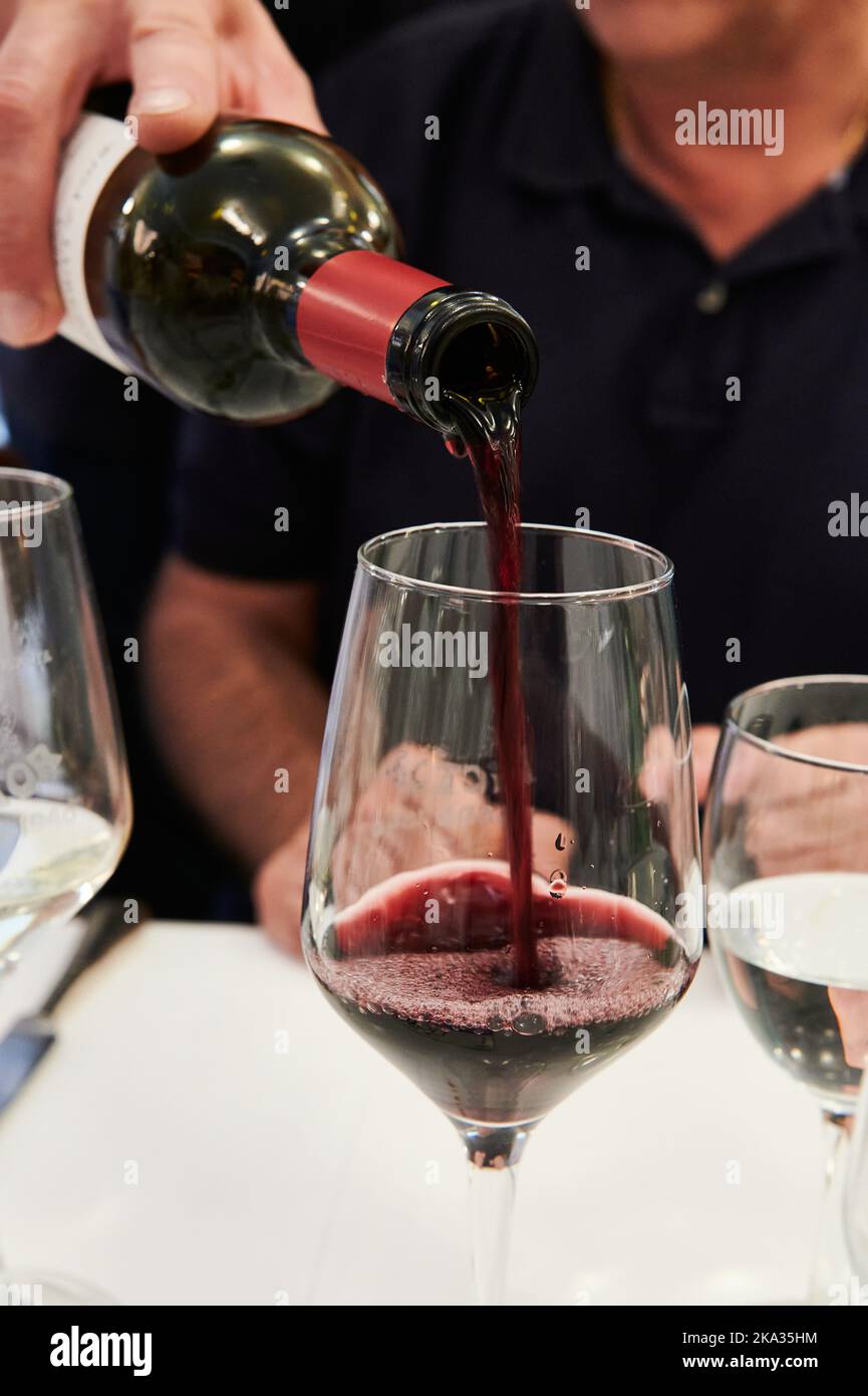 Bouteille de vin rouge de Rioja servant une tasse Banque D'Images