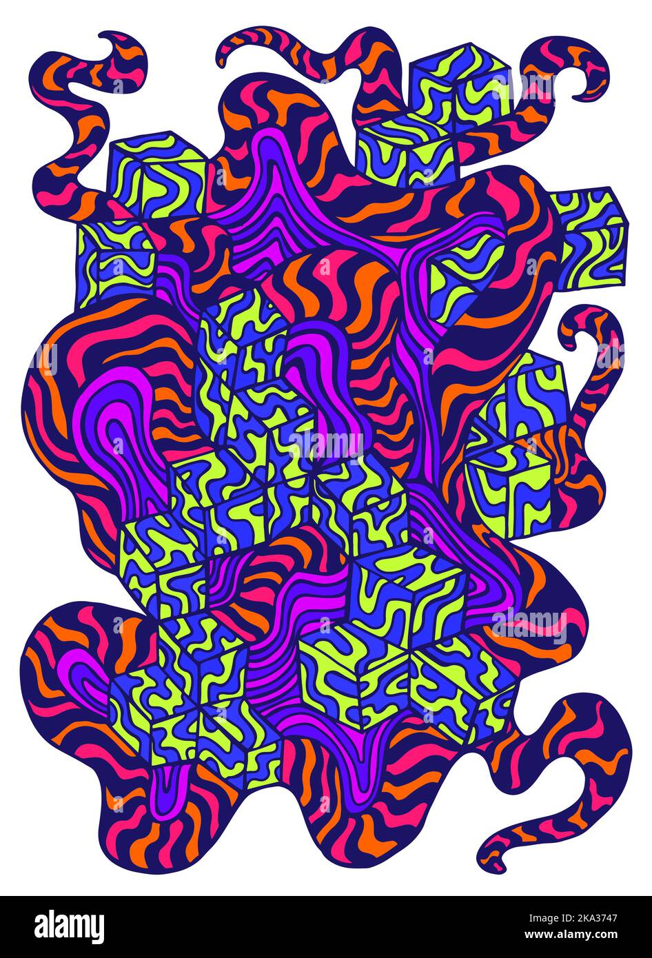 Dessin animé psychédélique de style doodle avec beaucoup d'ornement coloré. Motif isolé. Décoration abstraite amusante pour t-shirt design, placide, carte Illustration de Vecteur