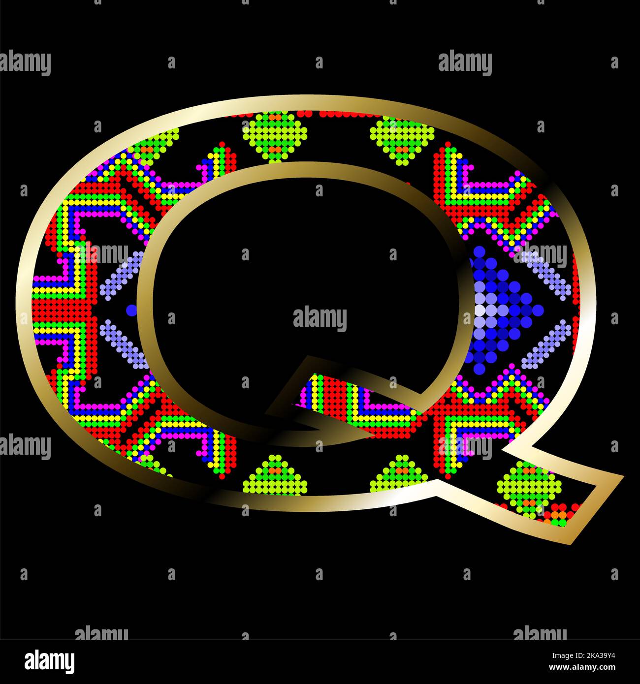 lettre de l'alphabet d'or mexicain illustration de l'art huichol colorée en format vectoriel