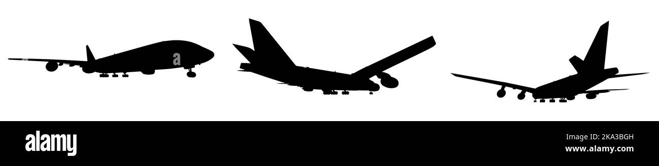 Ensemble conceptuel de trois avions de ligne ou avions commerciaux noirs volants, isolés sur fond blanc. 3d illustration pour le transport par avion Banque D'Images