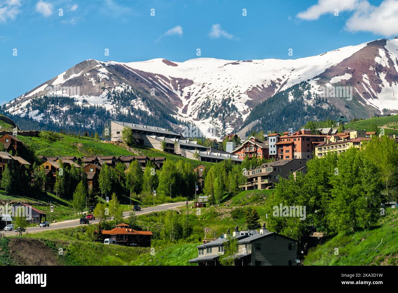La petite station de ski de Mount Crested Butte est en été avec une pelouse colorée et des maisons d'hébergement en bois sur des collines avec des arbres verts et un mont enneigé Banque D'Images