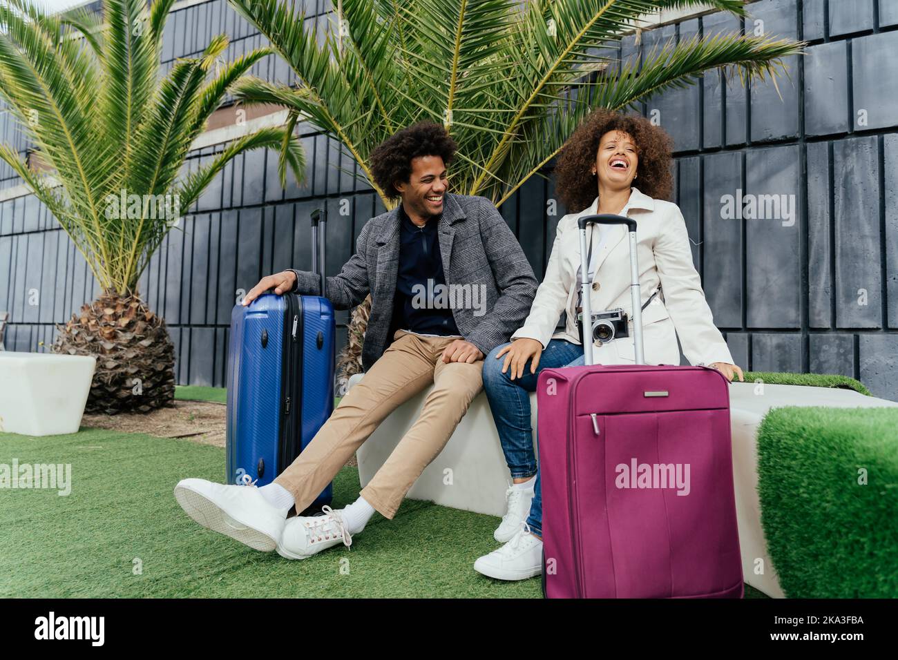 Un couple afro-américain complet avec des valises riant à la plaisanterie tout en étant assis sur le banc près des plantes tropicales à l'extérieur du bâtiment moderne Banque D'Images