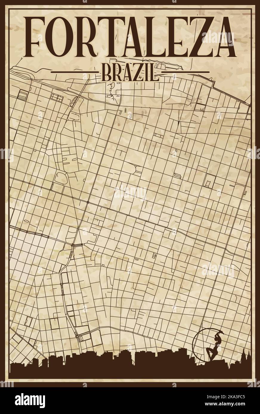 Tirage à la main du réseau des rues du centre-ville carte de FORTALEZA, BRÉSIL Illustration de Vecteur