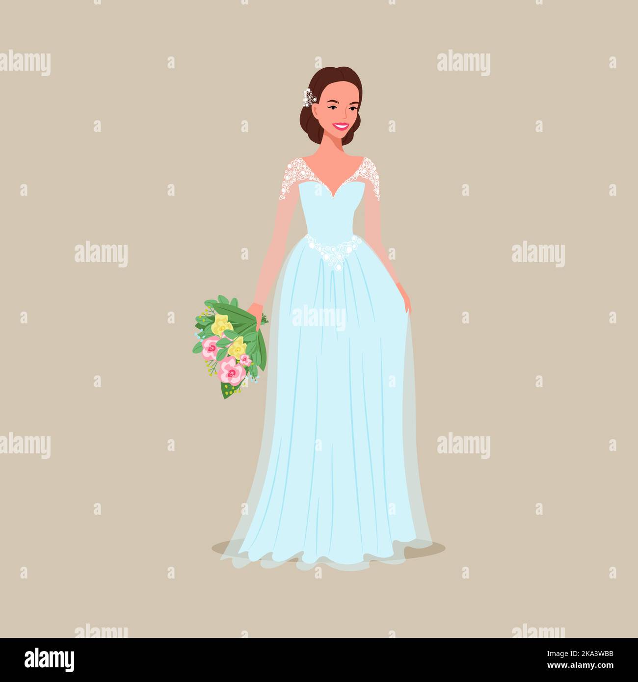Mariée dans une robe de soirée avec un bouquet dans ses mains. Illustration vectorielle de style dessin animé plat Illustration de Vecteur