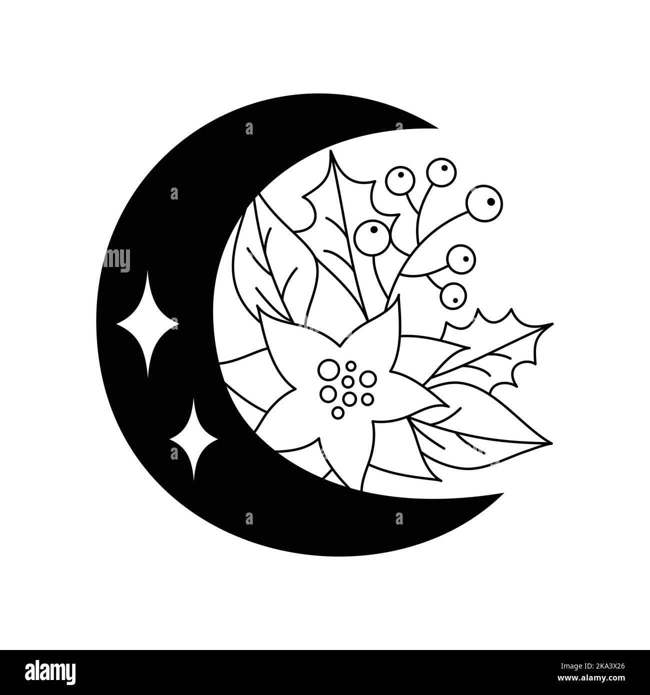 Éléments de Noël avec une lune dans un style linéaire. Illustration de Vecteur