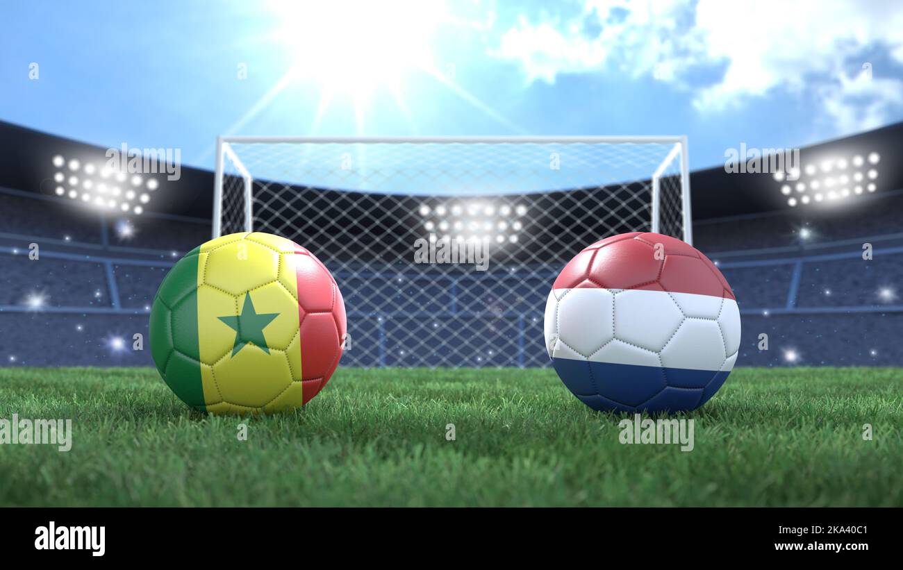 Deux ballons de football aux couleurs des drapeaux sur un fond flou et lumineux. Sénégal et pays-Bas. 3d image Banque D'Images