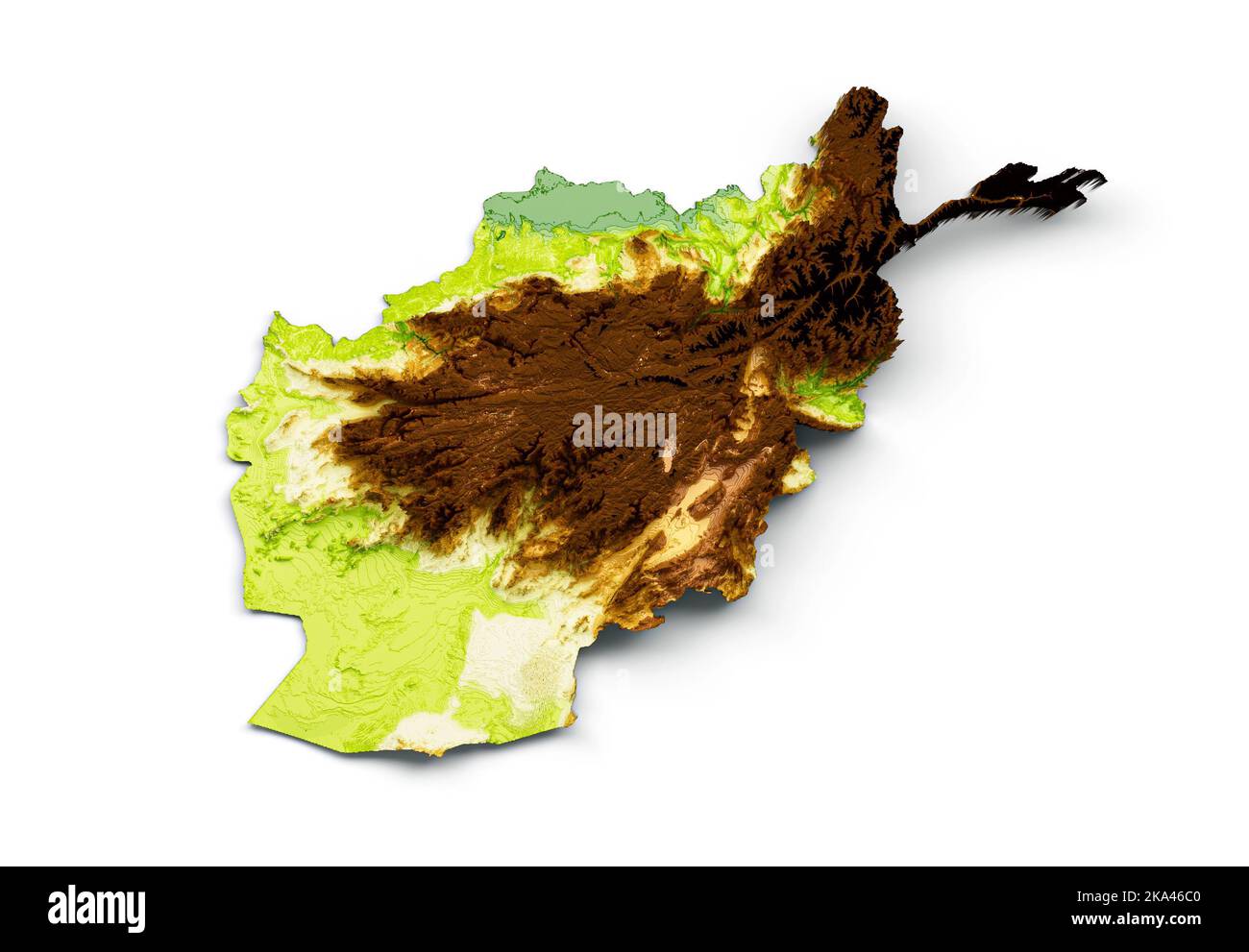 Un rendu en 3D de la carte physique de l'Afghanistan isolée sur fond blanc Banque D'Images