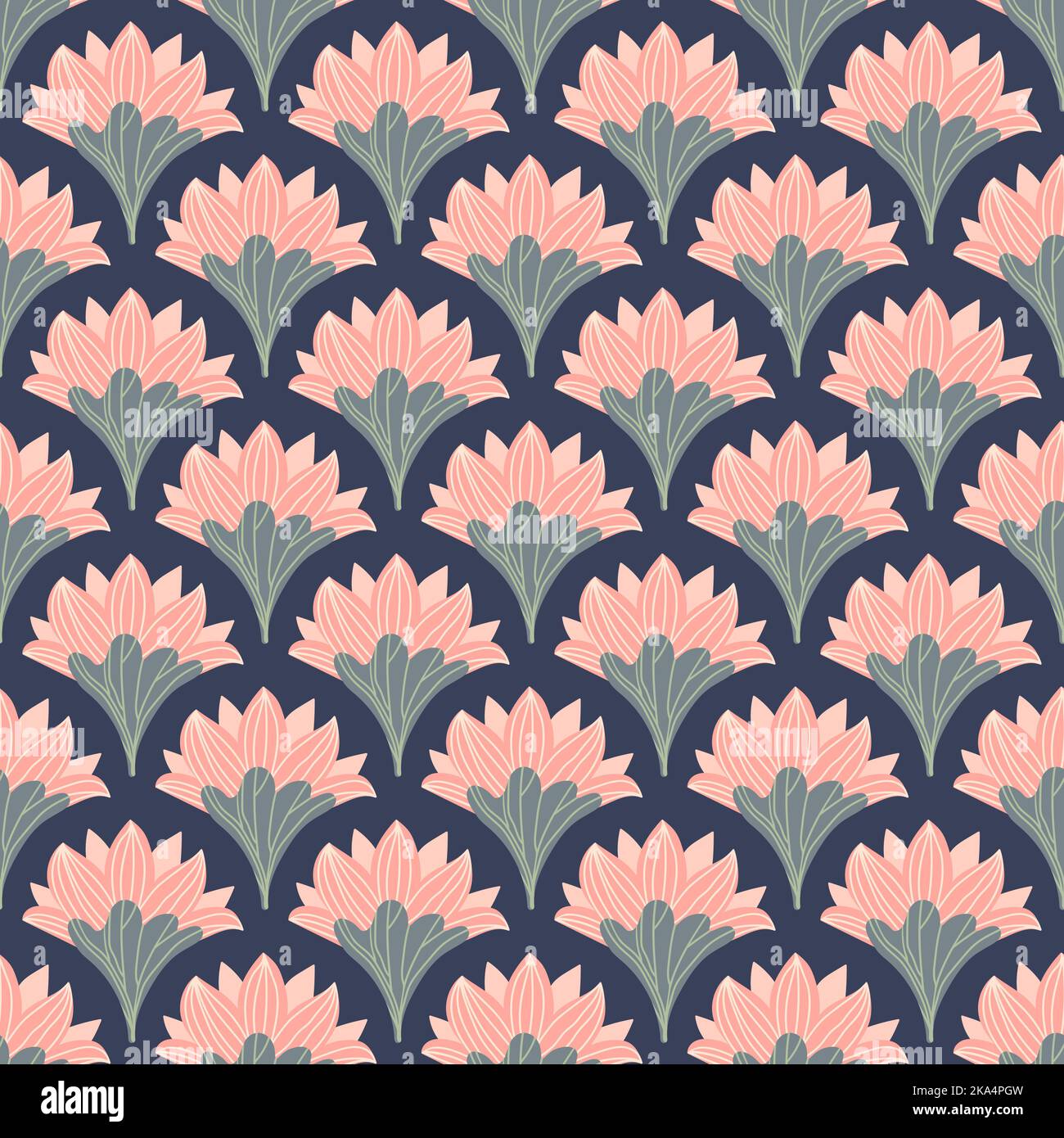 Motif vectoriel rose Lotus sans couture. Nénuphars et feuilles sur fond sombre. Illustration de Vecteur