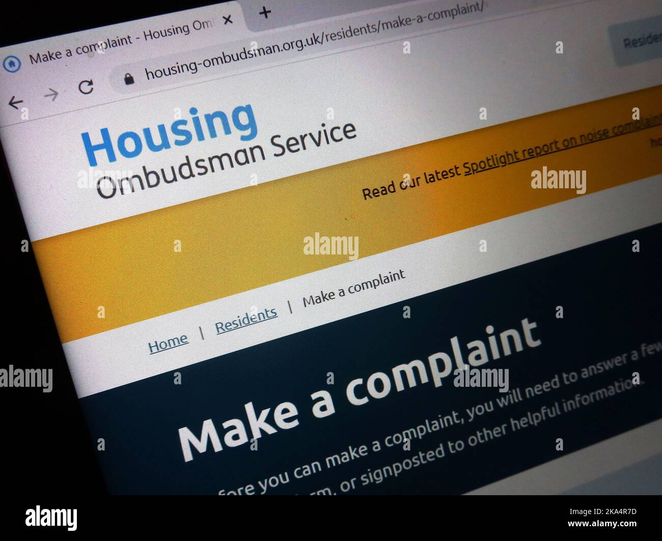 Site Web pour le service de l'ombudsman du logement, pour UKHousing et SocialHousing, si votre propriétaire vous ignore, faites une plainte dit Rishi Sunak Banque D'Images