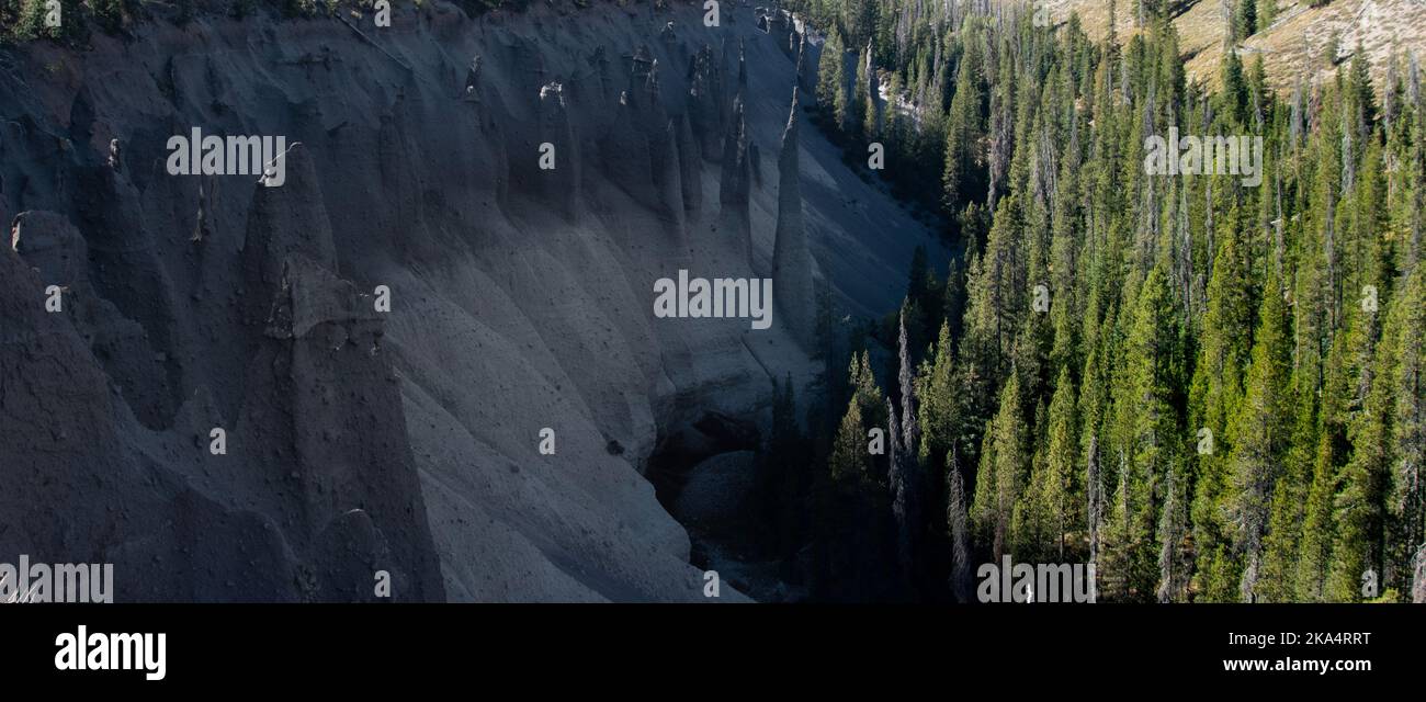 Les Pinnacles, les évents volcaniques embrassant le bord du lac de cratère dans Oregon Park. Avec une pointe de pin en croissance autour des pointes pointues. Banque D'Images