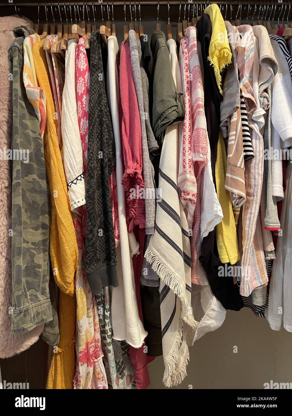 Gros plan des vêtements pour femmes suspendus dans une garde-robe Banque D'Images