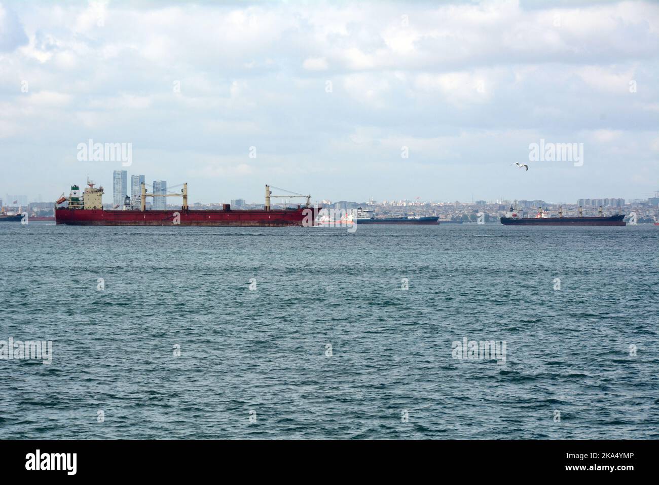 Des navires marchands de vrac à destination de l'Ukraine et de la Russie attendent d'entrer dans la mer de Marmara, à l'extrémité sud du détroit du Bosphore, en Turquie. Banque D'Images