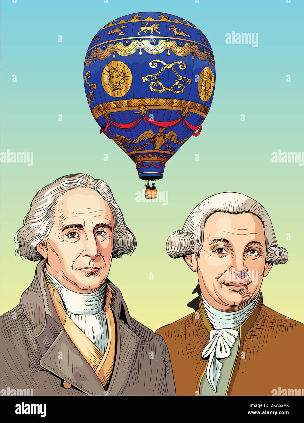 Joseph-Michel Montgolfier et Jacques-Étienne Montgolfier étaient pionniers de l'aviation, des balloonistes et des fabricants de papier de la commune Annonay en Ardè Illustration de Vecteur