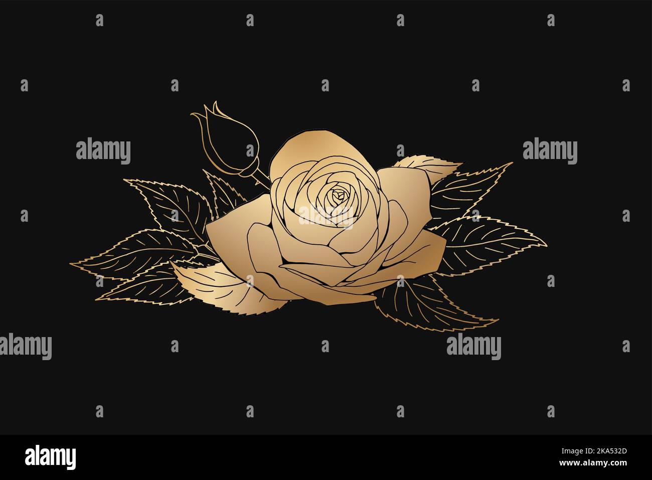 Roses dessin à la main gravé. Un rosebud fleuri. Illustration vectorielle dorée. Illustration de Vecteur