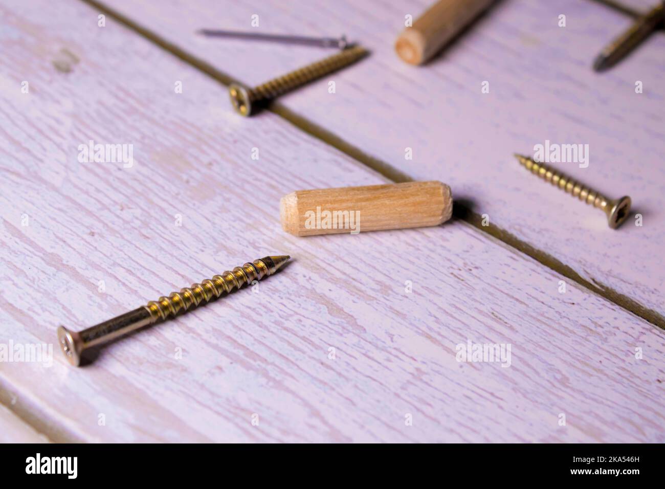 vis de meuble et cheville en bois. sur fond sombre. gros plan Banque D'Images