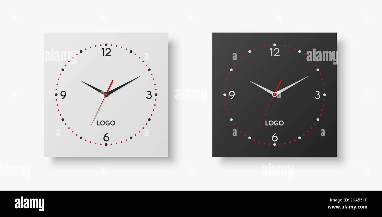 Vector 3D Realistic White, Black Square Wall Office Clock Set, modèle de conception isolé sur blanc. Composer avec des chiffres romains. Maquette de l'horloge murale pour Illustration de Vecteur