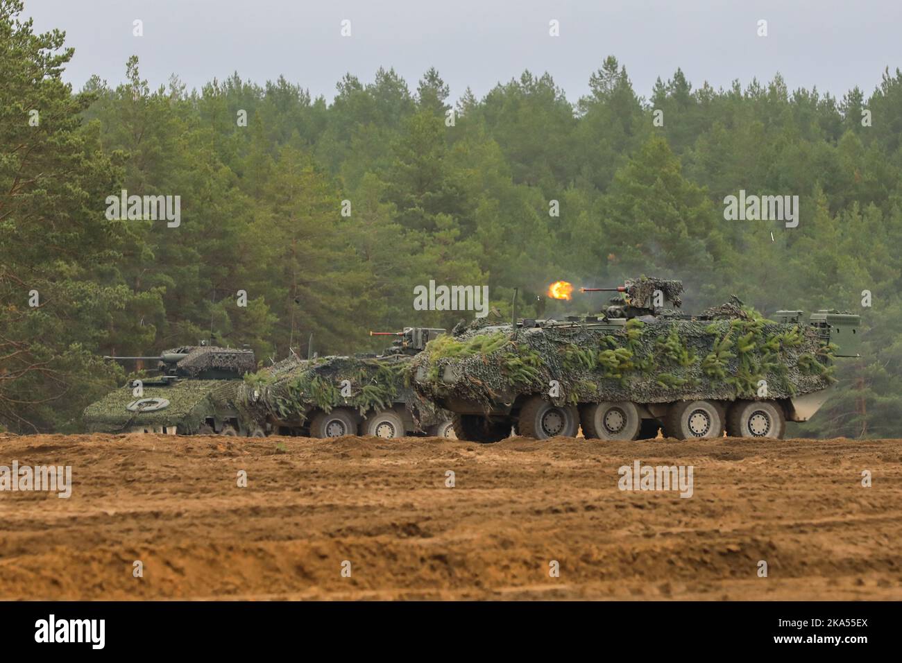 Les soldats des forces armées belges ont tiré des véhicules à présence avancée améliorée lors d'un affichage dynamique lors de l'exercice Iron Wolf 22 dans la zone d'entraînement de Pabradė, Lituanie, le 25 octobre 2022. La Belgique est fière de travailler aux côtés de la 1st Division d'infanterie, des alliés de l'OTAN et des partenaires de sécurité régionaux pour fournir des forces crédibles au corps V, le corps déployé en Europe. (É.-U. Photo de la Garde nationale de l'armée par le Sgt. Lianne M. Hirano) Banque D'Images
