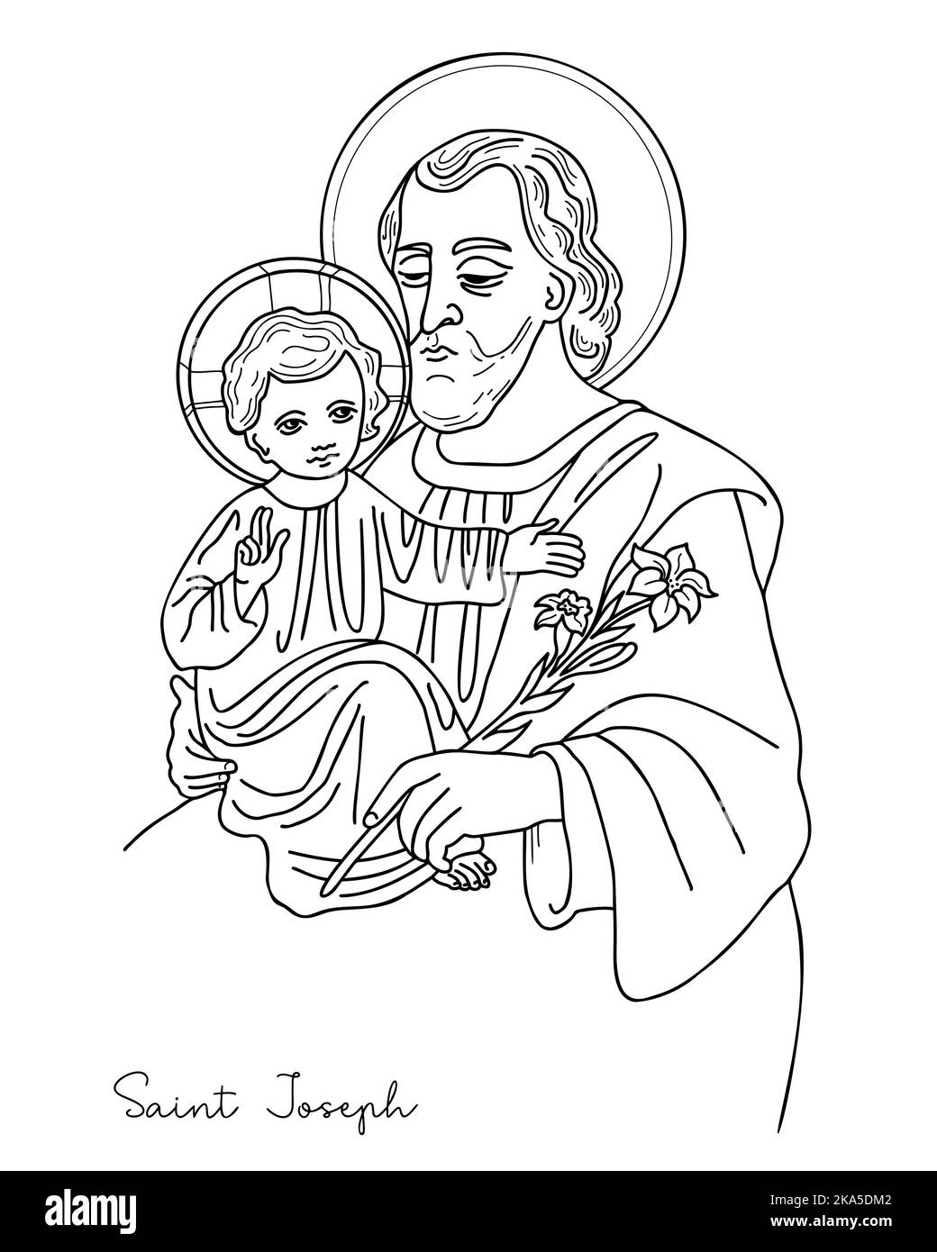 Icône Saint Joseph le betrothed avec l'enfant divin, Jésus Christ et le nénuphars. Illustration vectorielle. Dessin à la main. Contour Doodle pour le design et la déco Illustration de Vecteur Icône Saint Joseph le betrothed avec l'enfant divin, Jésus Christ et le nénuphars. Illustration vectorielle. Dessin à la main. Contour Doodle pour le design et la déco Illustration de Vecteur