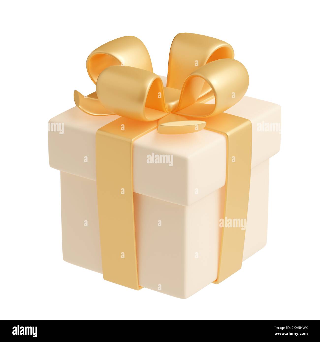 Boîte cadeau de rendu 3D avec ruban doré. Emballage isolé beige crème fermé  avec noeud brillant sur fond surprise de vacances, cadeau pour  anniversaire, noël ou mariage, vue réaliste d'angle d'illustration Photo