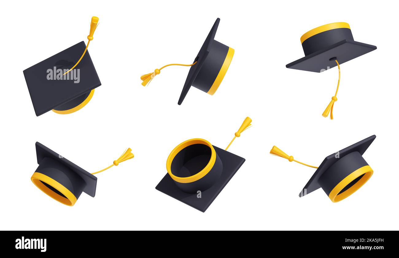 3D effectuer le rendu de l'ensemble de chapeau universitaire dans différentes positions isolées sur fond blanc. Casquette supérieure noire avec pampille dorée volante dans l'air. Cérémonie de remise des diplômes à l'école, au collège et à l'université Banque D'Images