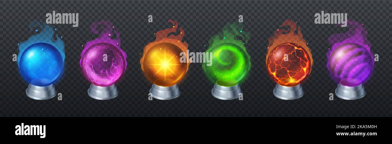 Billes de cristal magique, globes de tueur de fortune, sphères de verre d'oracle et d'halloween. Orbes lumineux avec lumières magiques et lumière mystère isolée sur fond transparent, réaliste vecteur 3D ensemble Illustration de Vecteur