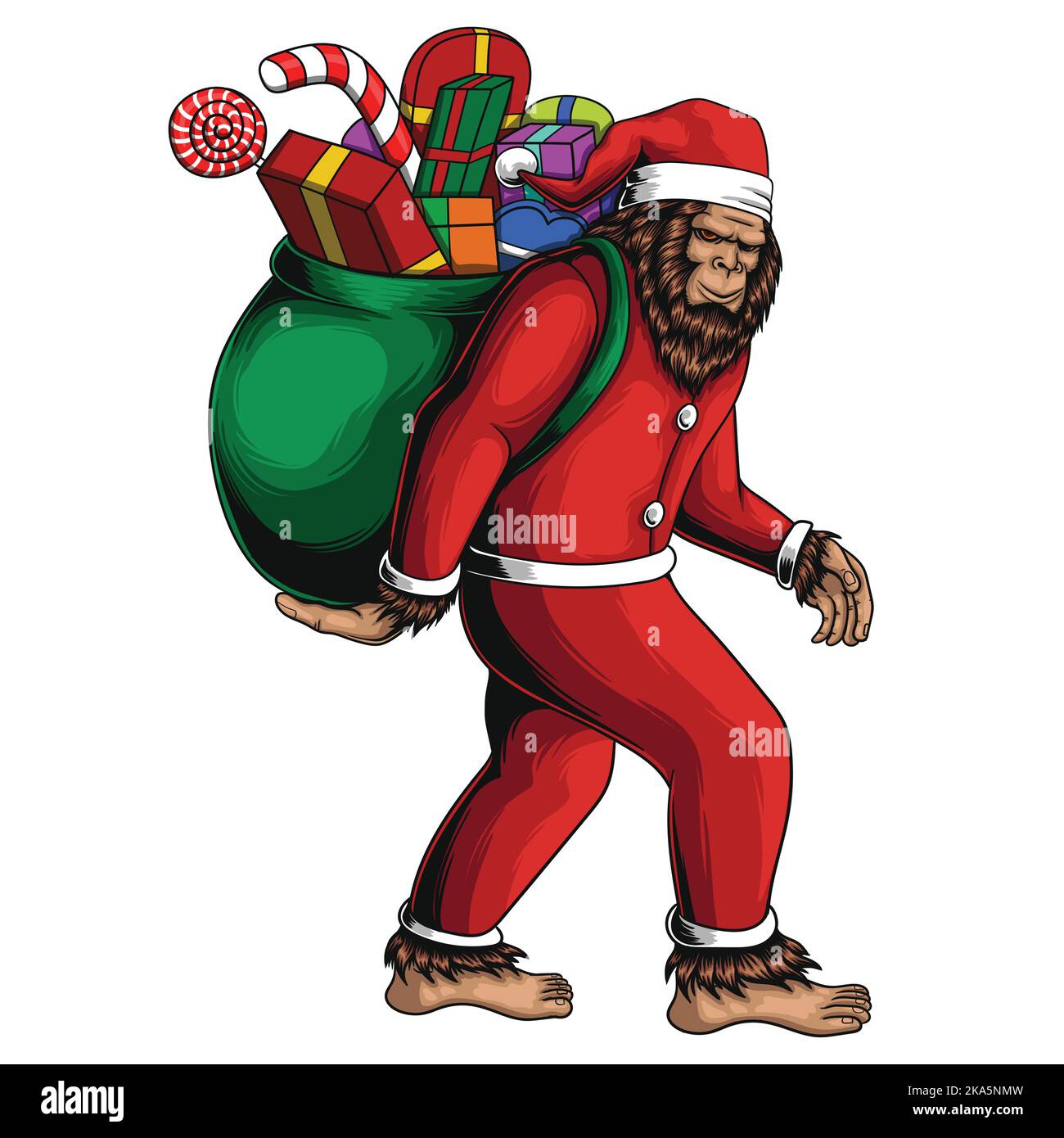 Bigfoot de marche costume santa de transport sac cadeau illustration vectorielle pour votre compagnie ou marque Illustration de Vecteur