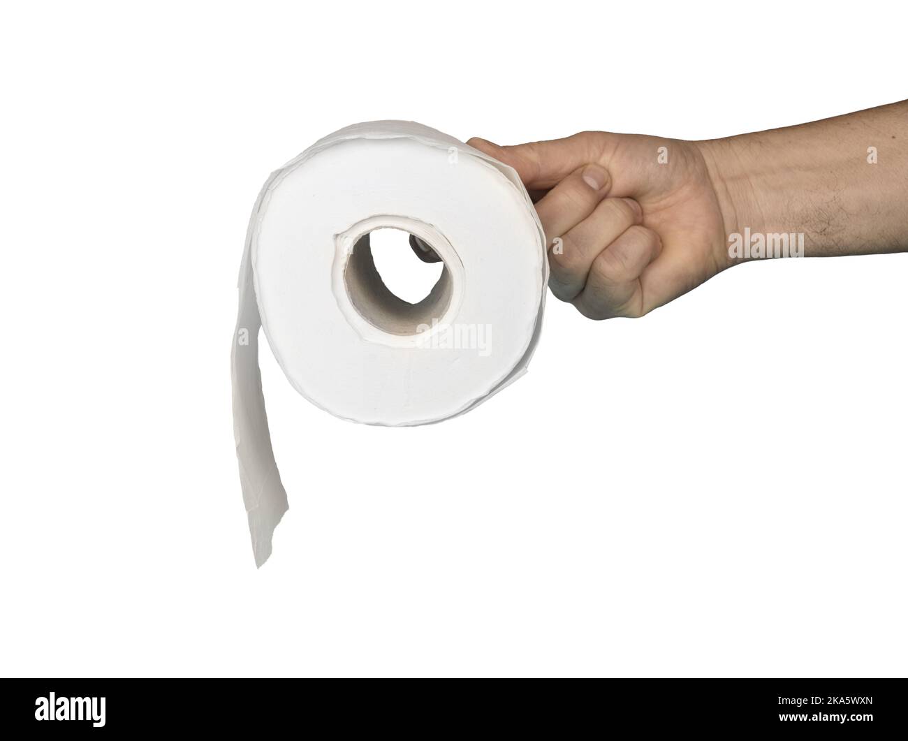 un rouleau de papier toilette dans la main d'un homme sur fond transparent Banque D'Images