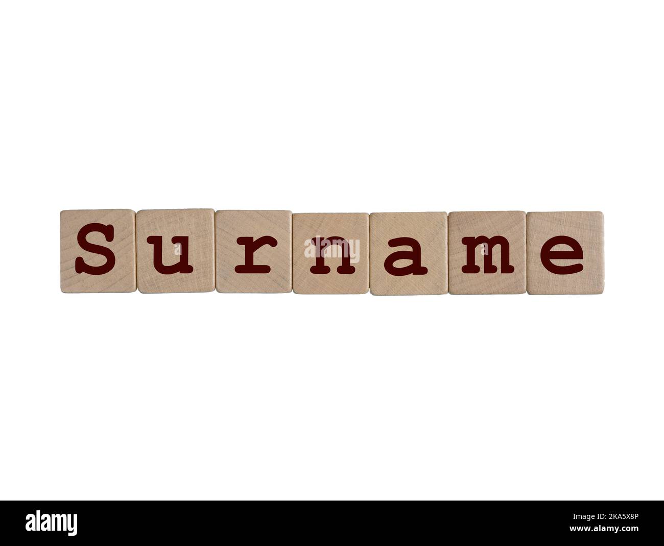 Le mot Surname formé avec des chevilles en bois sur un fond transparent Banque D'Images