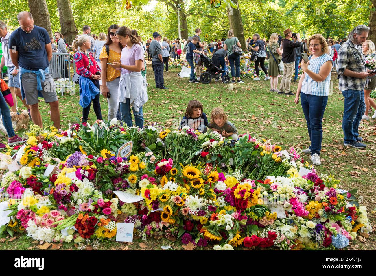 Personnes observant les hommages floraux à Green Park, laissé par les amateurs de tourniquets pour marquer la mort de la reine Elizabeth II. Green Park, Londres, Royaume-Uni. 11 septembre 2022 Banque D'Images