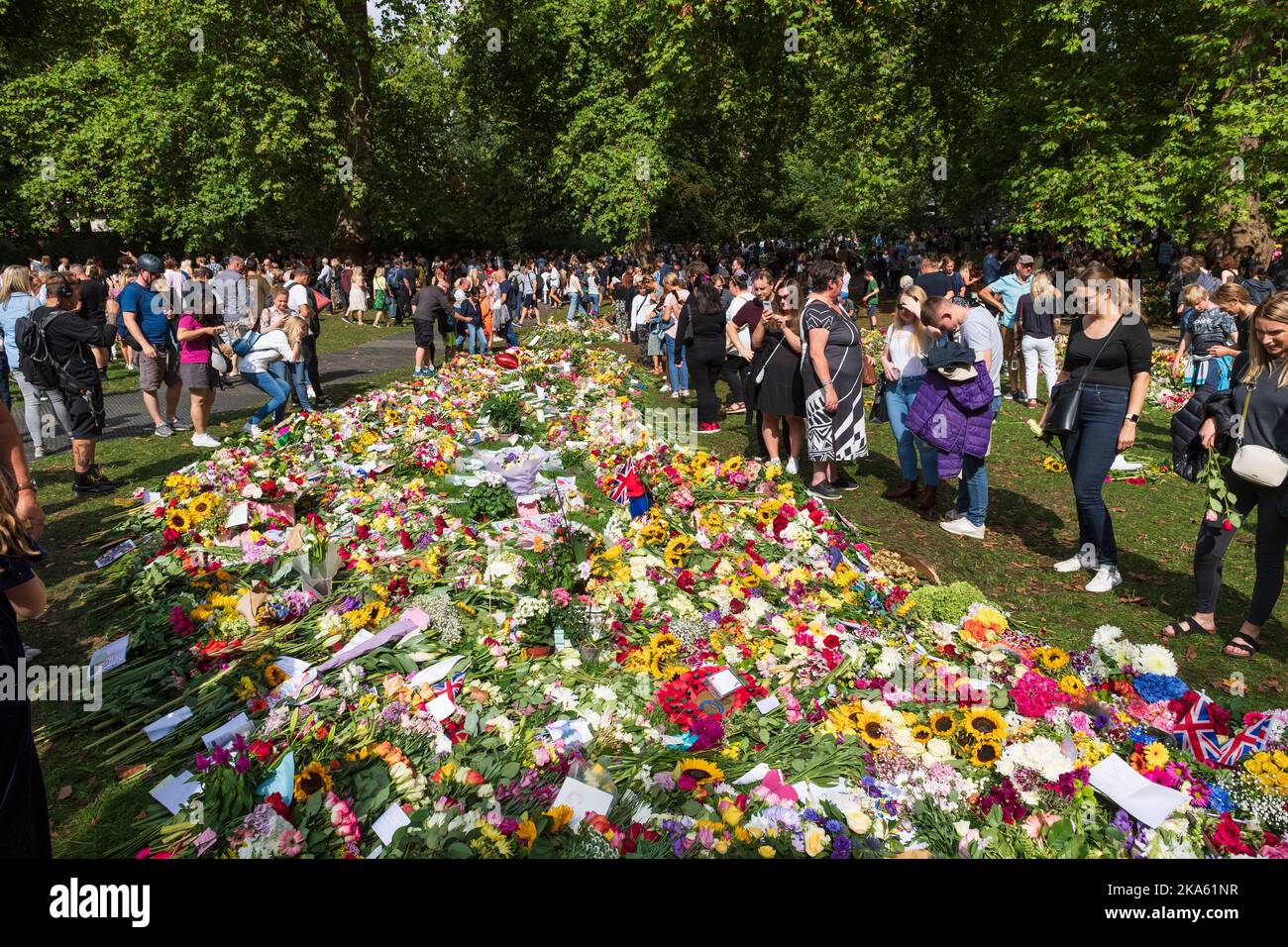 Personnes observant les hommages floraux à Green Park, laissé par les amateurs de tourniquets pour marquer la mort de la reine Elizabeth II. Green Park, Londres, Royaume-Uni. 11 septembre 2022 Banque D'Images