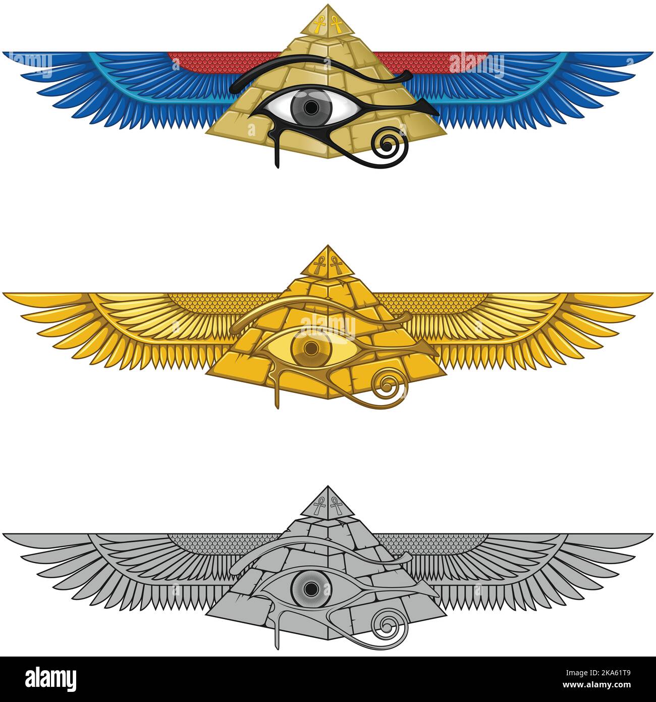 Motif vectoriel de pyramide ailé avec œil de horus, pyramide égyptienne ancienne avec ailes, pyramide ailées, œil de horus, croix ankh Illustration de Vecteur