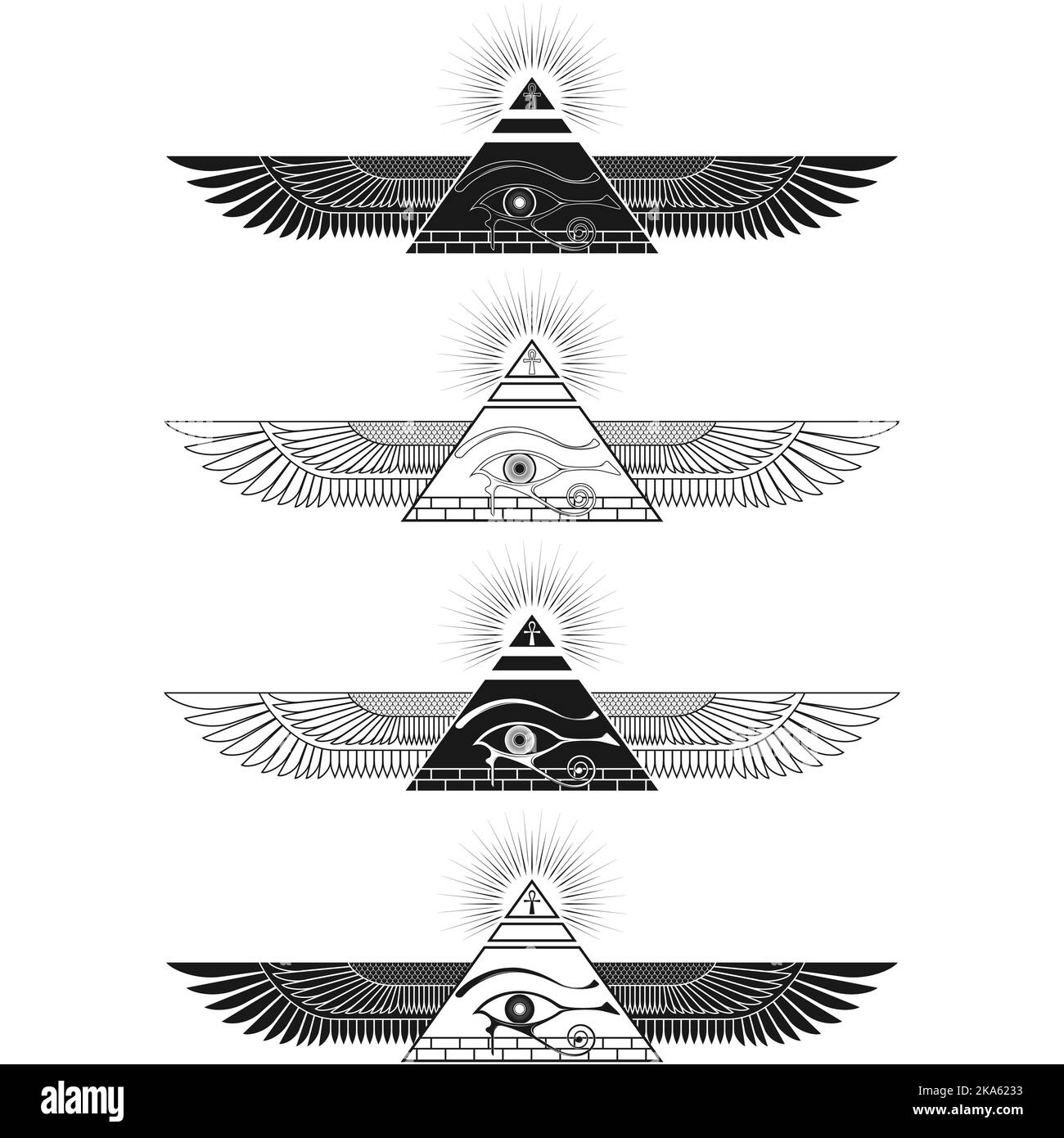 Motif vectoriel de pyramide ailé avec œil de horus, pyramide égyptienne ancienne avec ailes, pyramide ailées, œil de horus, croix ankh Illustration de Vecteur