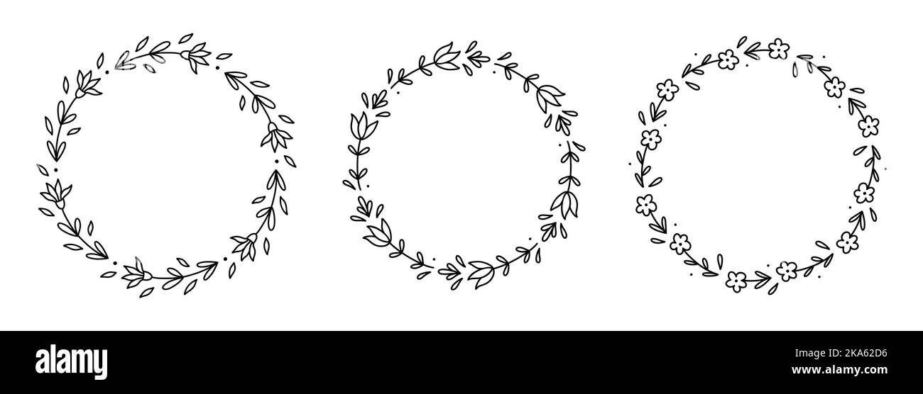 Ensemble de couronnes fleuries isolées sur fond blanc. Cadres ronds avec fleurs et feuilles. Illustration vectorielle dessinée à la main, style doodle. Illustration de Vecteur