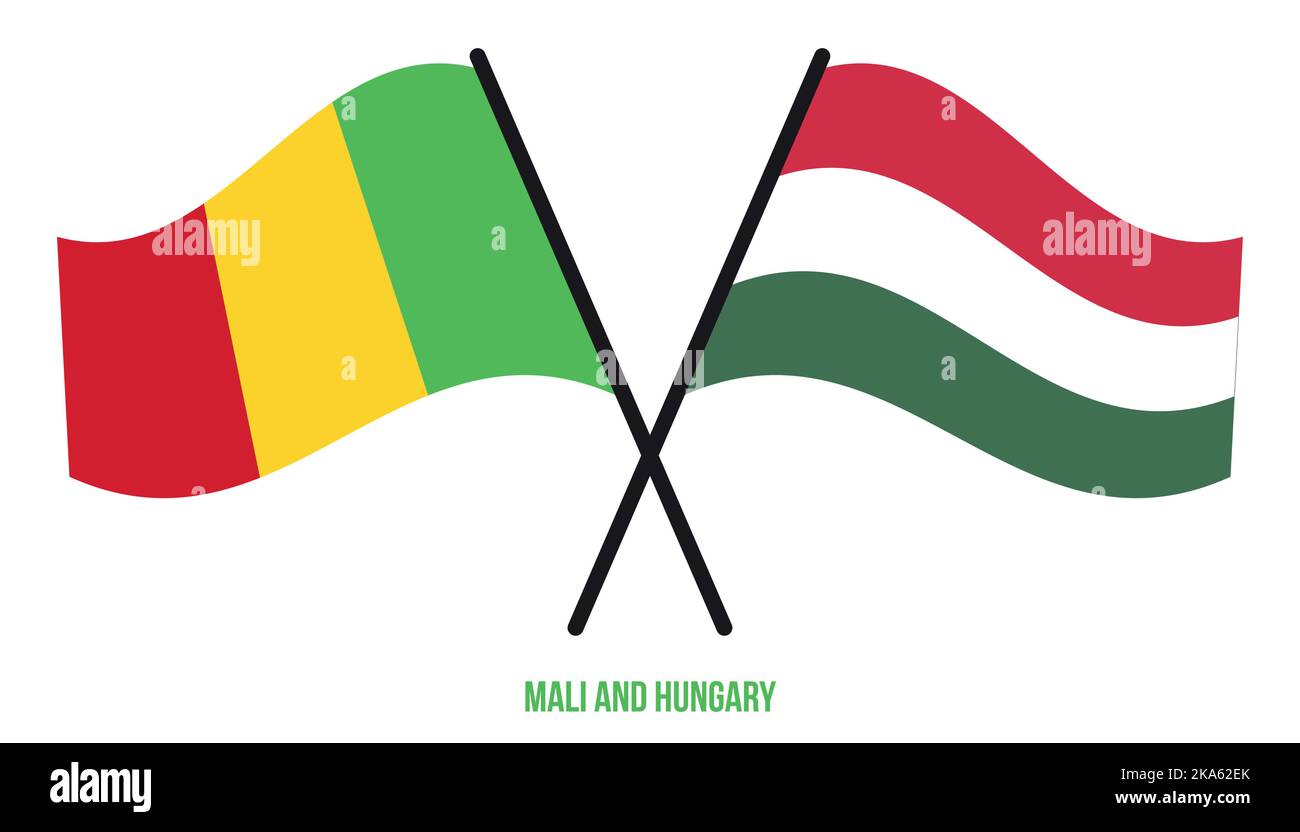 Mali et Hongrie drapeaux croisés et ondulant le style plat. Proportion officielle. Corriger les couleurs. Illustration de Vecteur