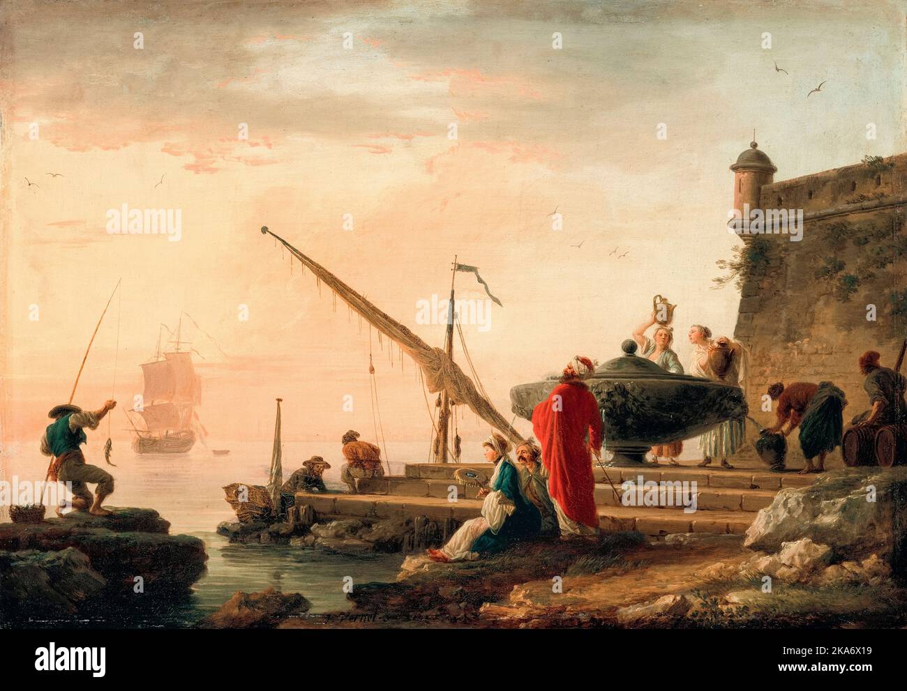 Claude Joseph Vernet, Port maritime oriental à Sunrise, peinture à l'huile sur cuivre, vers 1755 Banque D'Images