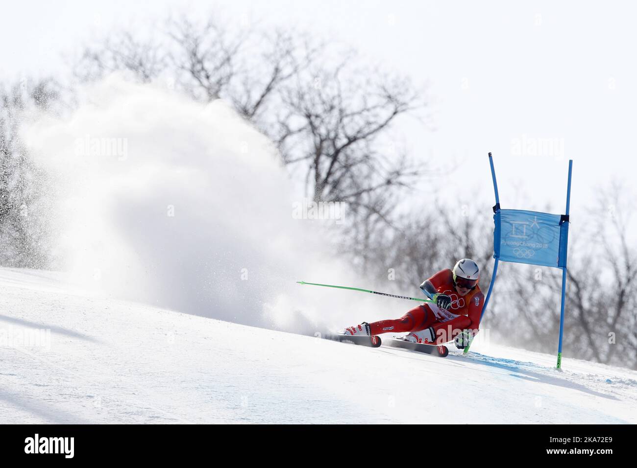 PyeongChang, Corée du Sud 20180218. Henrik Kristoffersen, de Norvège, participe au slalom géant masculin des Jeux olympiques d'hiver de 2018 à Pyeongchang, en Corée du Sud. Il remporte la médaille d'argent. Photo: Cornelius Poppe / NTB scanpi Banque D'Images