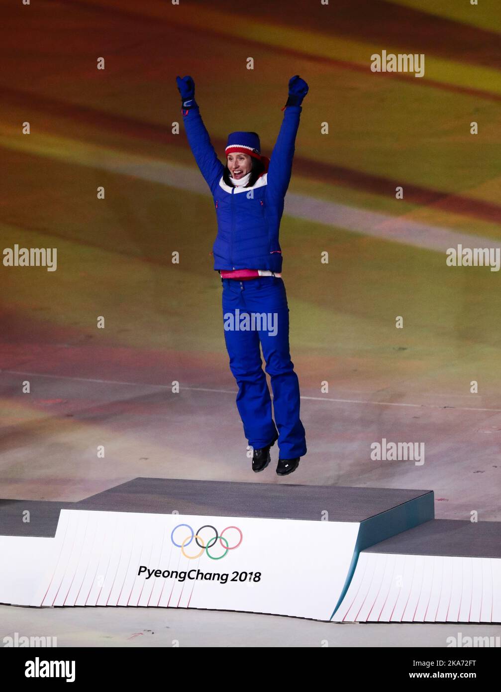Marit Bjoergen, Gold, de Norvège, lors de la cérémonie des médailles pour le ski de fond féminin de 30k lors de la cérémonie de clôture des Jeux olympiques d'hiver de 2018 à Pyeongchang, Corée du Sud, le dimanche 25 février 2018. Photo: Lise Aaserud / NTB scanpi Banque D'Images