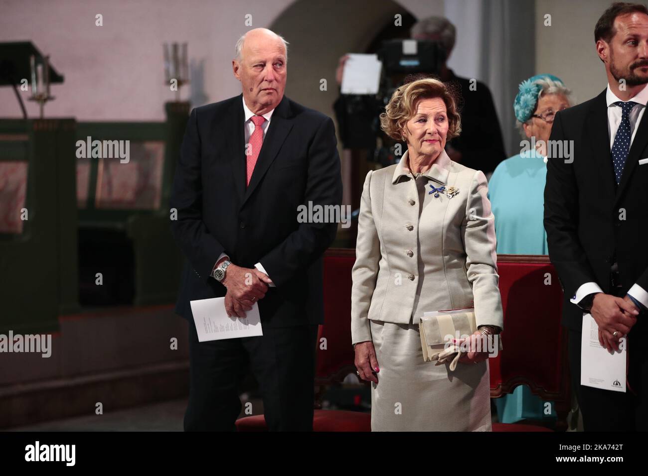 Oslo, Norvège 20180829. Le roi Harald et la reine Sonja célèbrent leur anniversaire de mariage d'or. Le couple royal à la cathédrale d'Oslo. Photo DE PISCINE: Lise Aaserud / NTB scanpi Banque D'Images