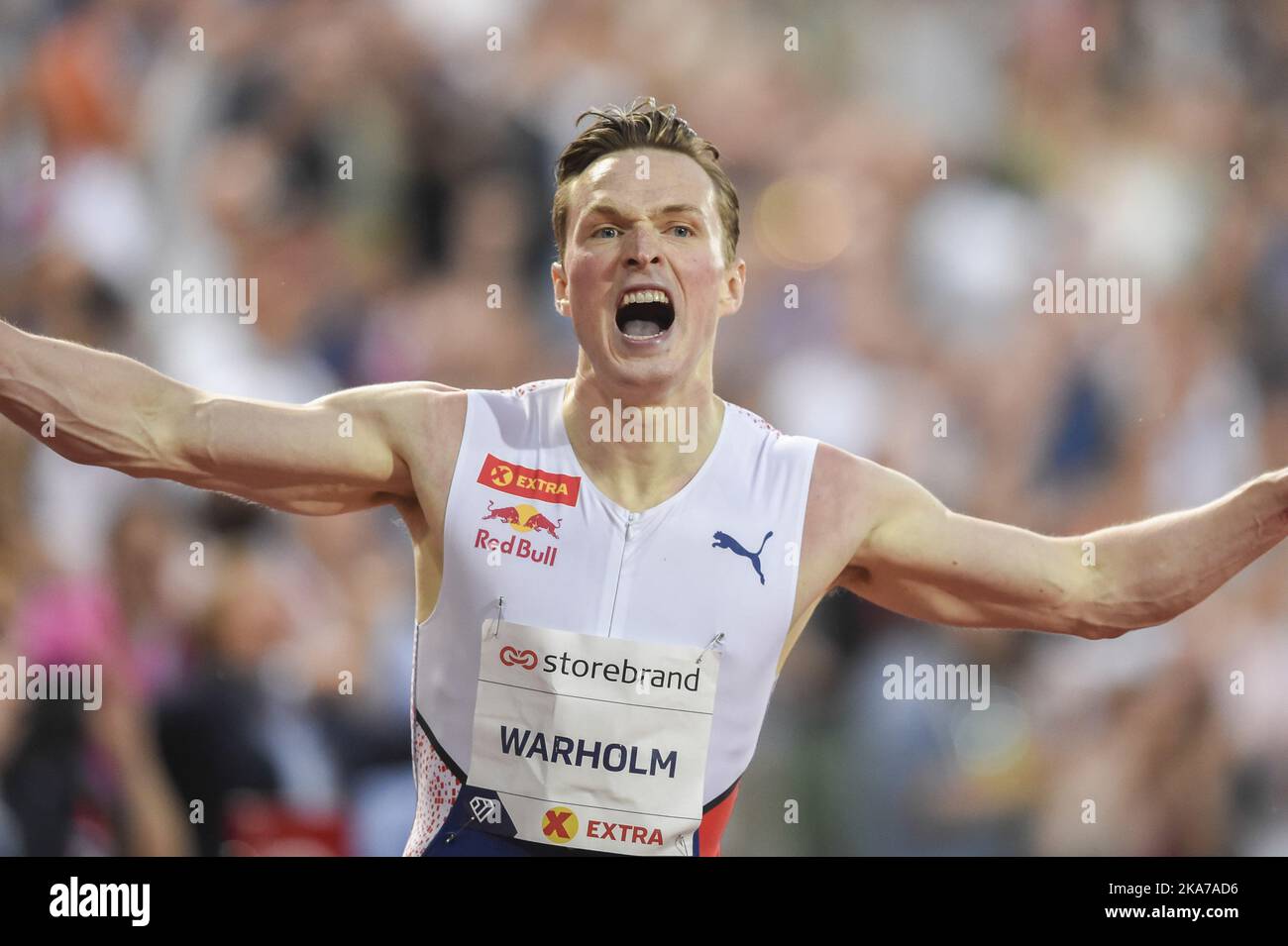 Oslo 20210701. Diamond League Karsten Warholm remporte le nouveau record mondial de 46,70 des 400m hommes haies lors des Jeux Bislett 2021. Photo: Annika Byrde / NTB Banque D'Images
