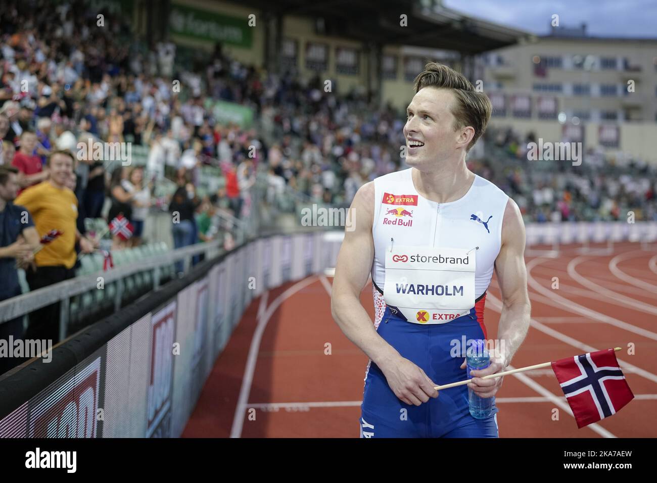 Oslo 20210701. Karsten Warholm établit un record mondial avec 46,70 dans les 400m haies hommes pendant les Jeux Bislett 2021. Photo: Fredrik Hagen / NTB Banque D'Images