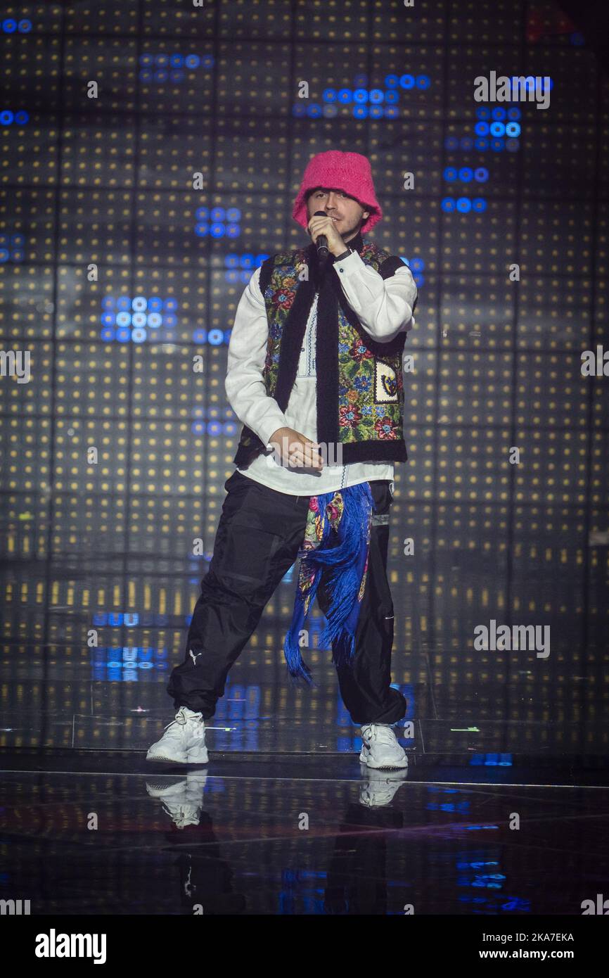 Turin, Italie 20220509. OLEH Psiuk de l'Orchestre de Kalush d'Ukraine en action lors de la première répétition du Concours Eurovision de la chanson au Palo Olimpico à Turin, lundi. Photo: Heiko Junge / NTB Banque D'Images