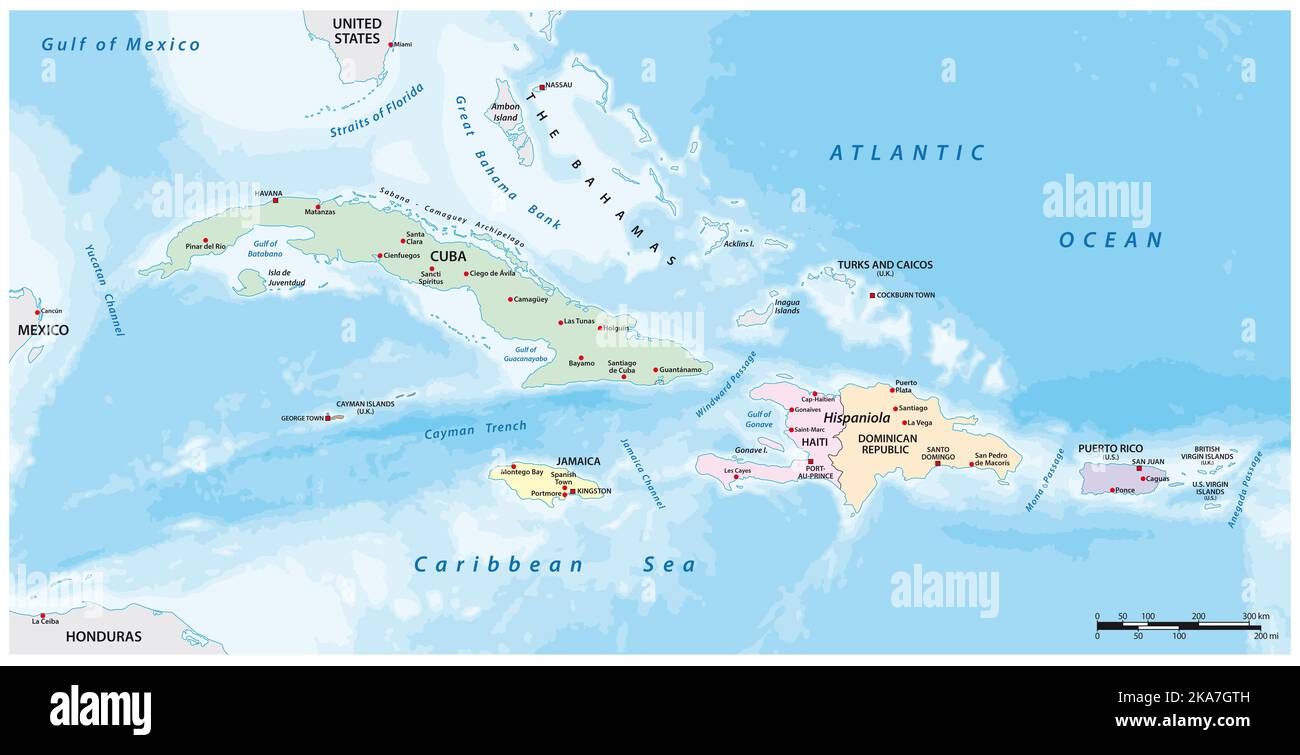 Carte vectorielle des grandes Antilles dans la région des Caraïbes Banque D'Images