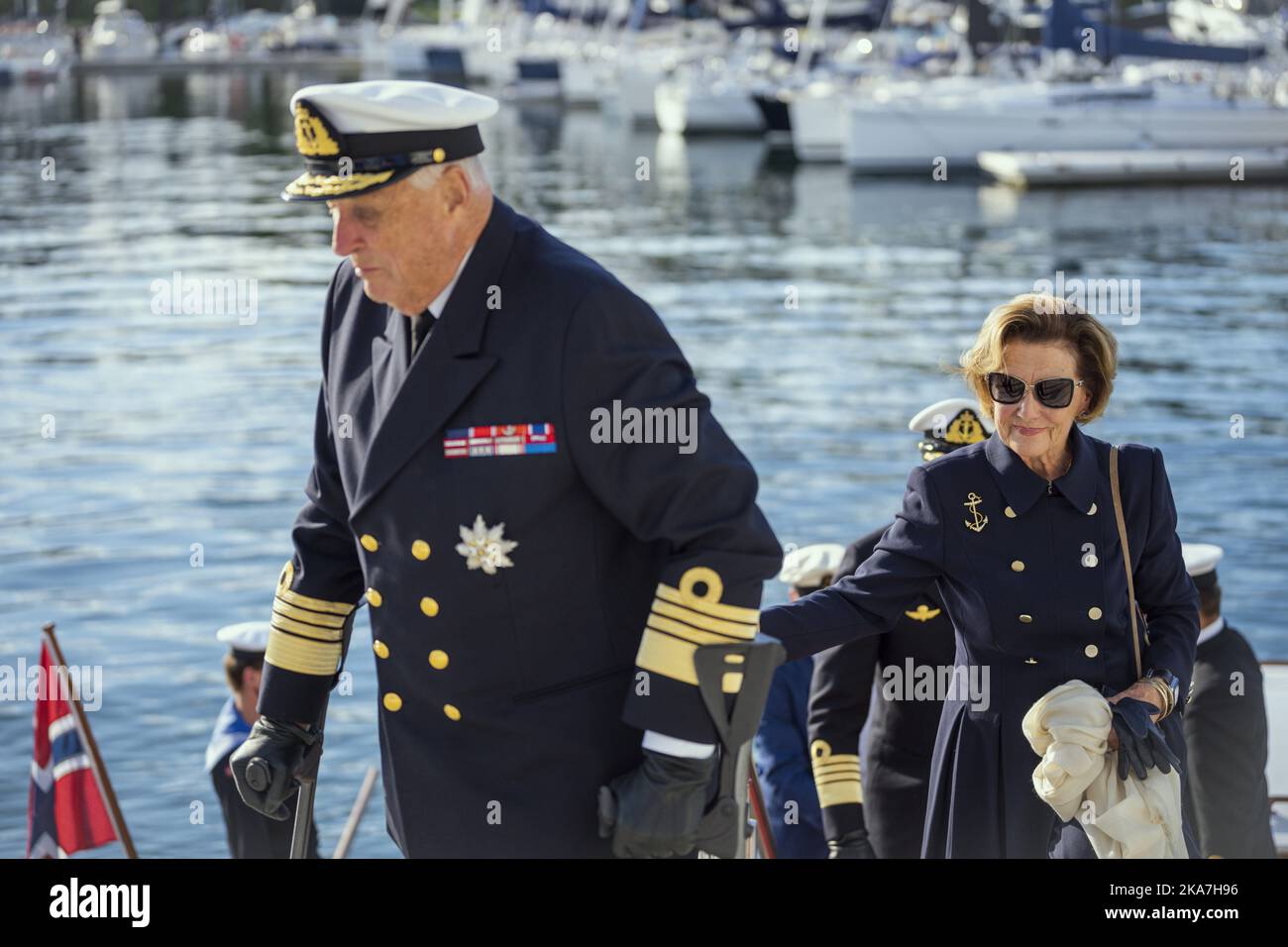 Oslo 20220907. Le roi Harald débarque le navire royal. La reine Sonja et le prince héritier Haakon sont là. Photo: Beate Oma Dahle / NTB Banque D'Images