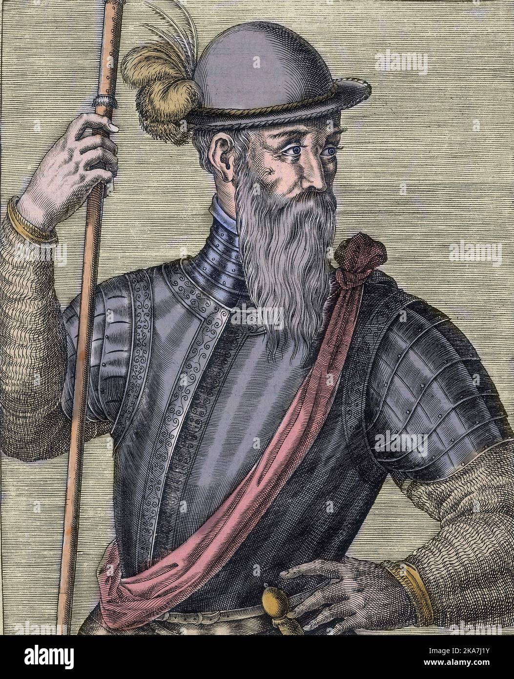 Portrait de Francisco Pizarro (François Pizarre, 1478-1541); soldat espagnol, conquérant du Perou. Dans "Portraits et vies des hommes" par Andre Thevet (1516-1590), Paris, 1584. Banque D'Images