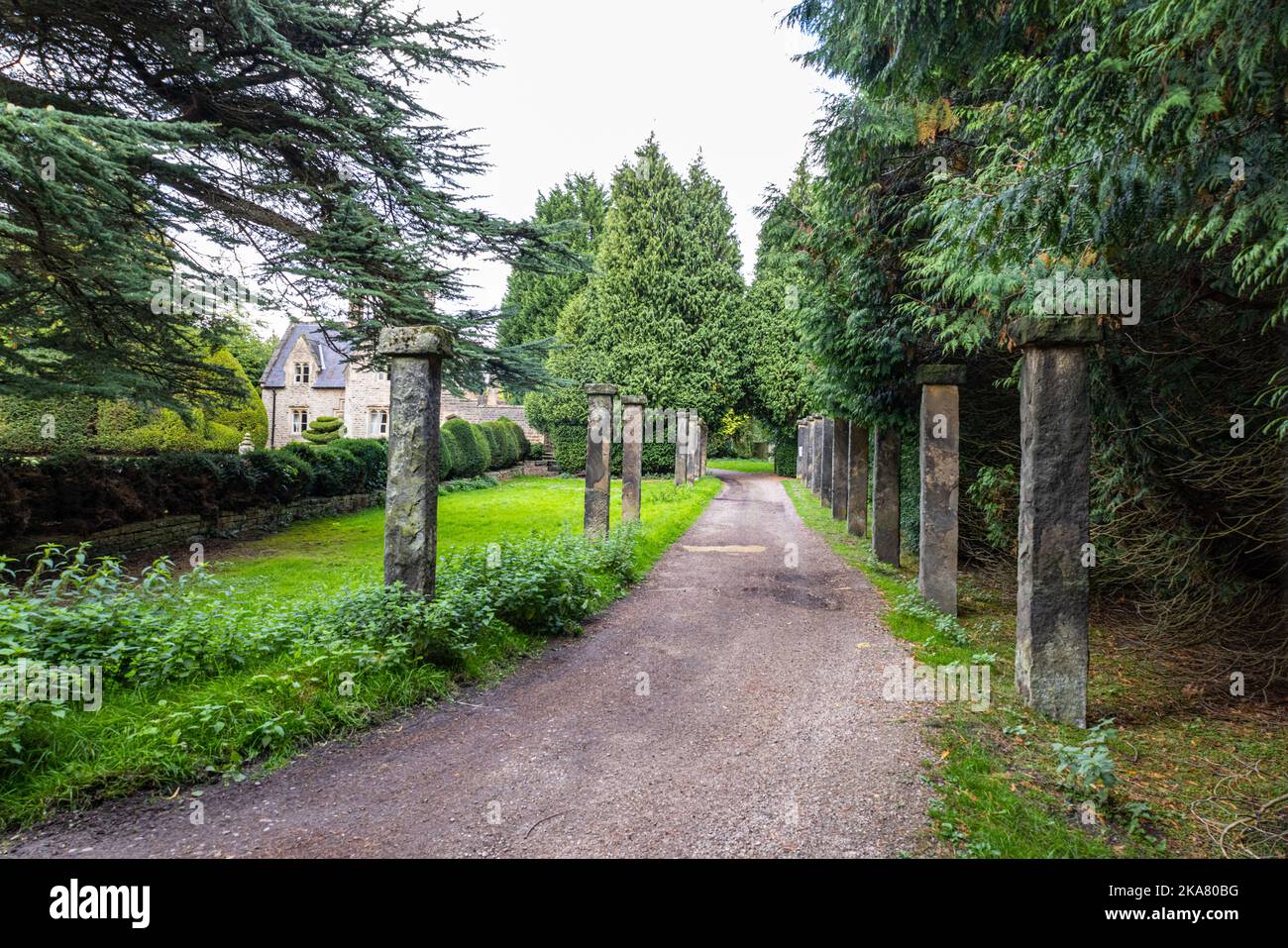 Colonnes le long de l'allée, Newstead Abbey, Notinghamshire, Angleterre, Royaume-Uni Banque D'Images